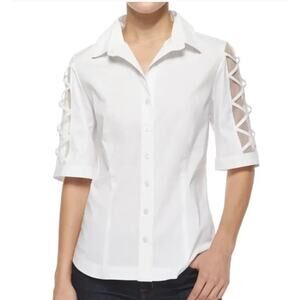 Finley Women’s M Top White 3/4 Sheer Sleeve Button-up collared Blouse Stretch